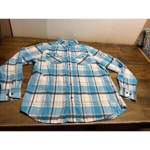 Angry Minnow Shirt Mens Large Blue Flannel Busch Light Beer Plaid